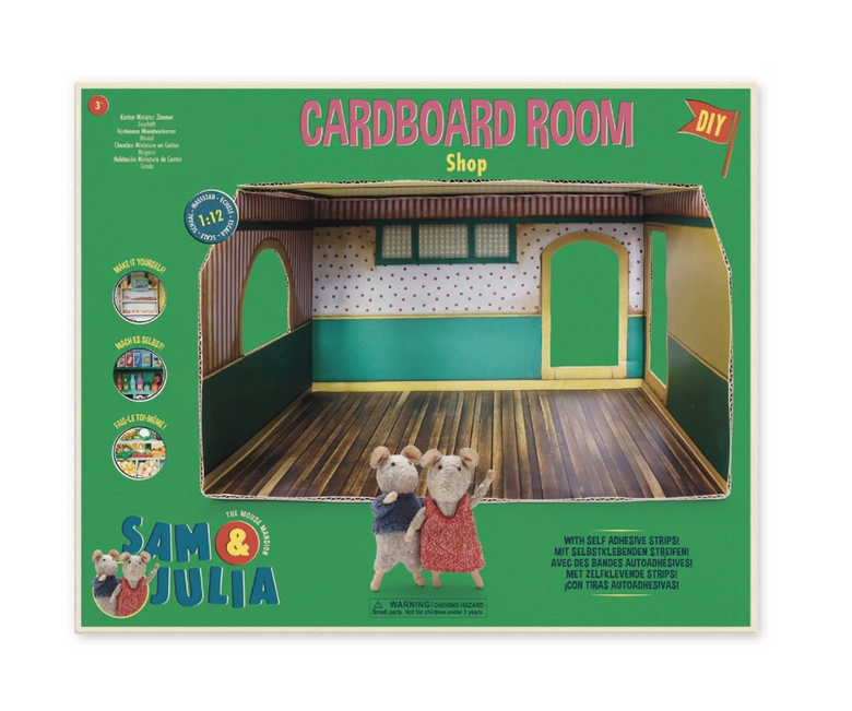 Cover of box for The Mouse Mansion Cardboard Room Shop with a picture of Sam and Julia 