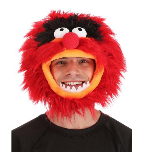 The Muppets Animal Jawsome hat worn by a young man. 