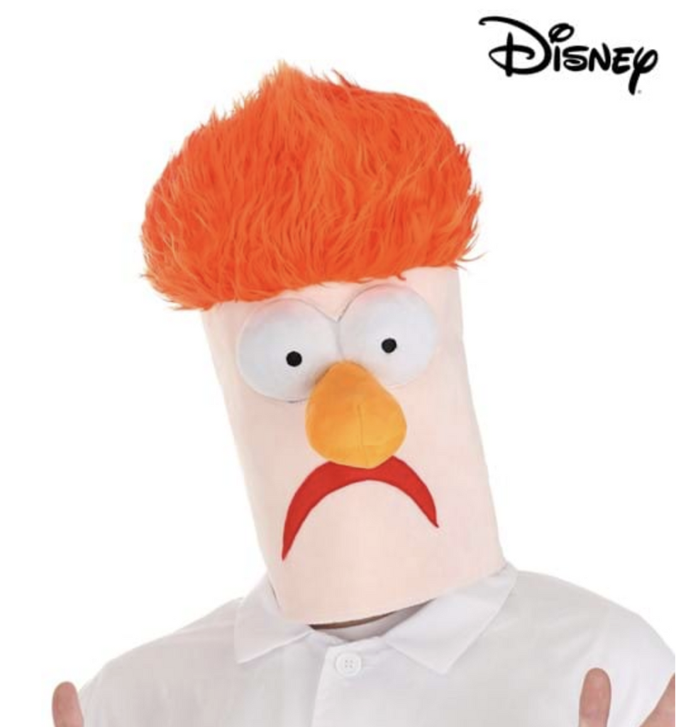 The Muppets Beaker Full Head Mask worn by a human. 