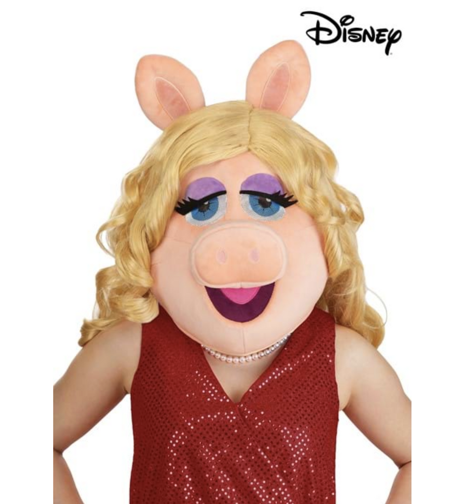 The Muppets Miss Piggy plush Costume Mask being worn by someone in a sparkly red dress. 