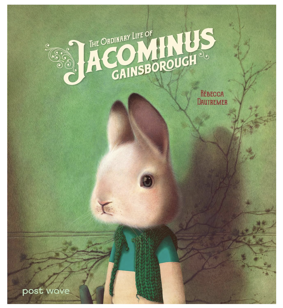 Illustrated cover featuring Jacominus Gainsborough the main character rabbit standing in front of a green wall with a floral pattern painted on it. 