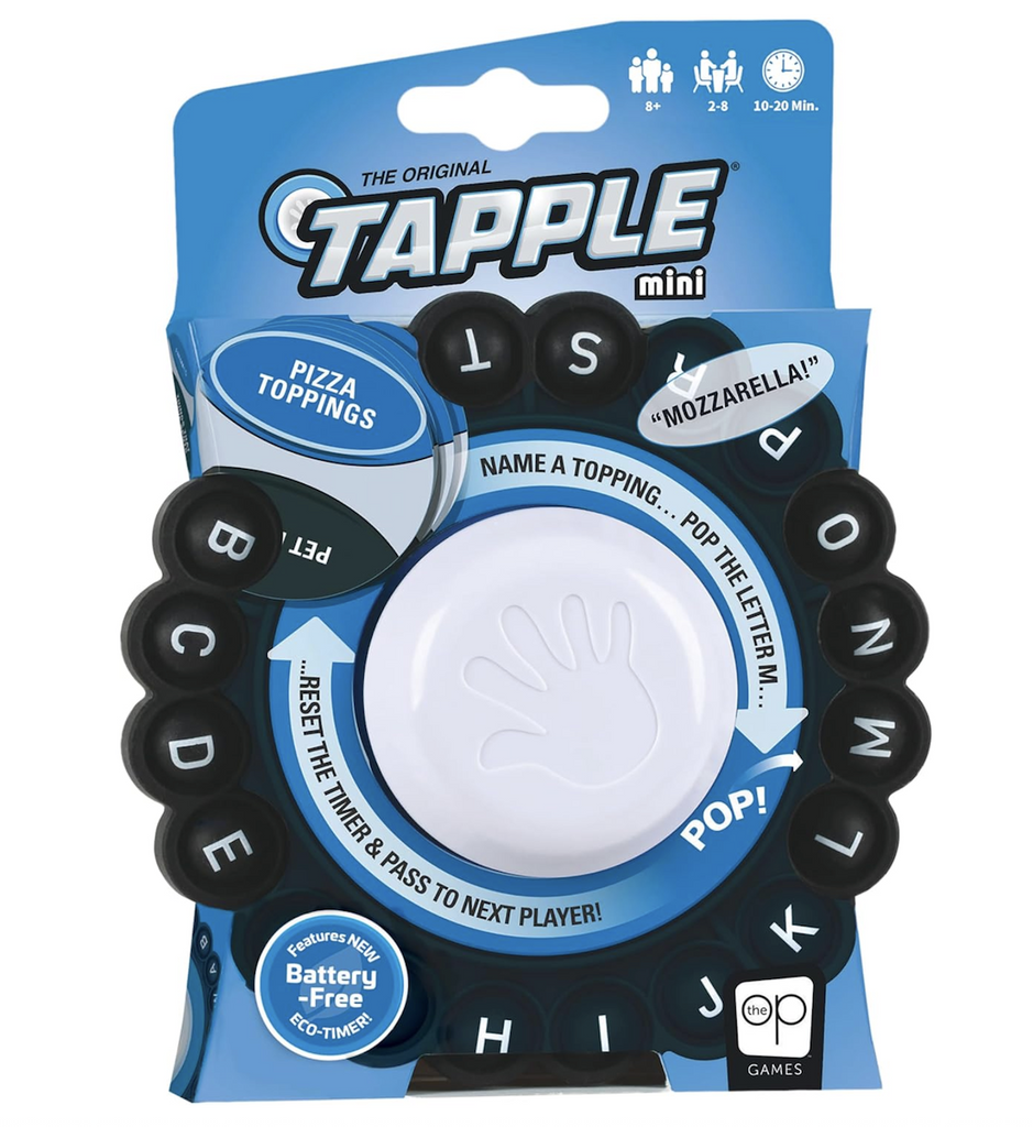 The Original Tapple Mini version in a blue box with the mini pop wheel that has the letters of the alphabet surrounding a timer used to play the game. 