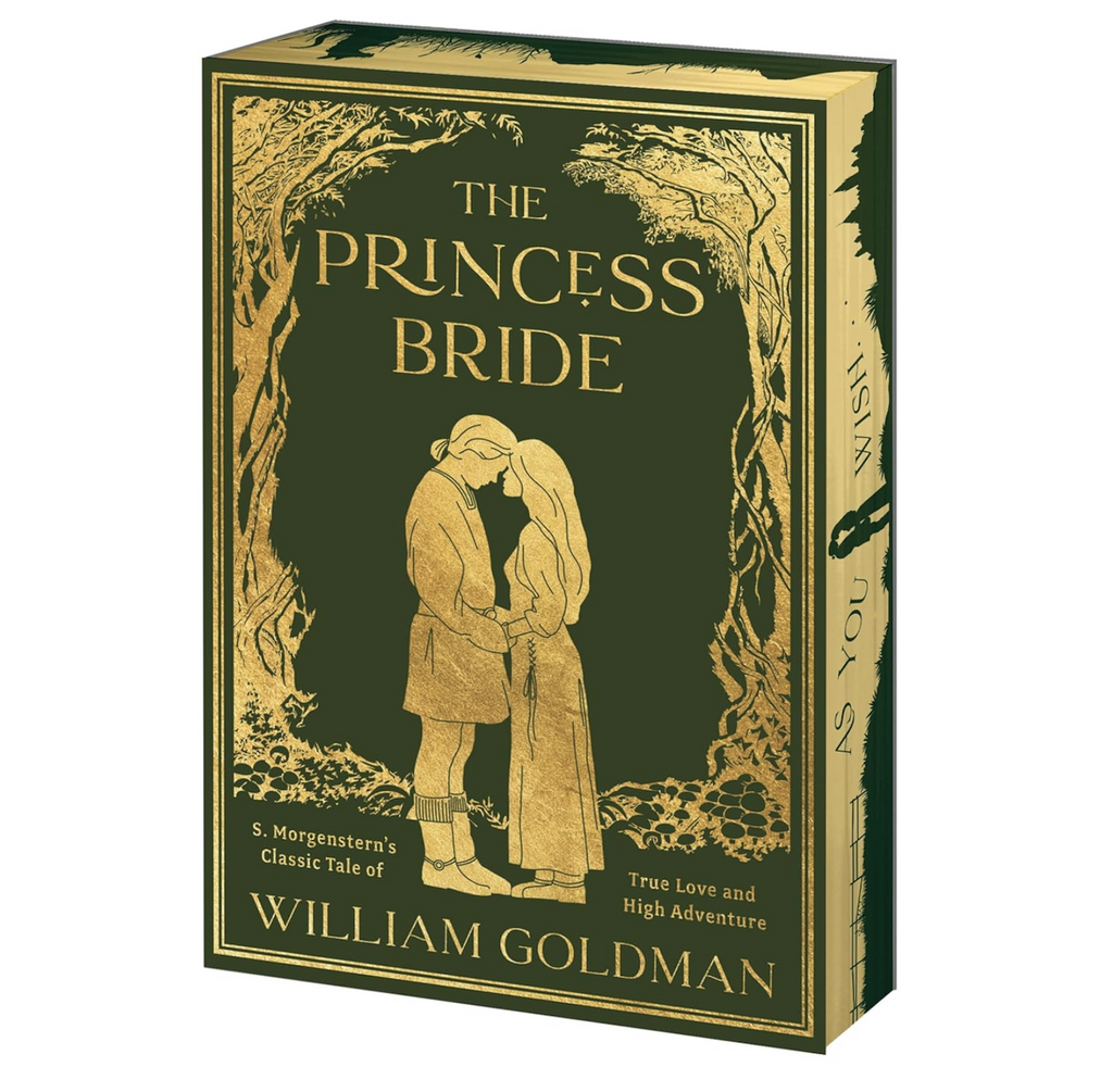 Cover of the deluxe, limited edition book The Princess Bride with a solid green background and gold foil accents. 