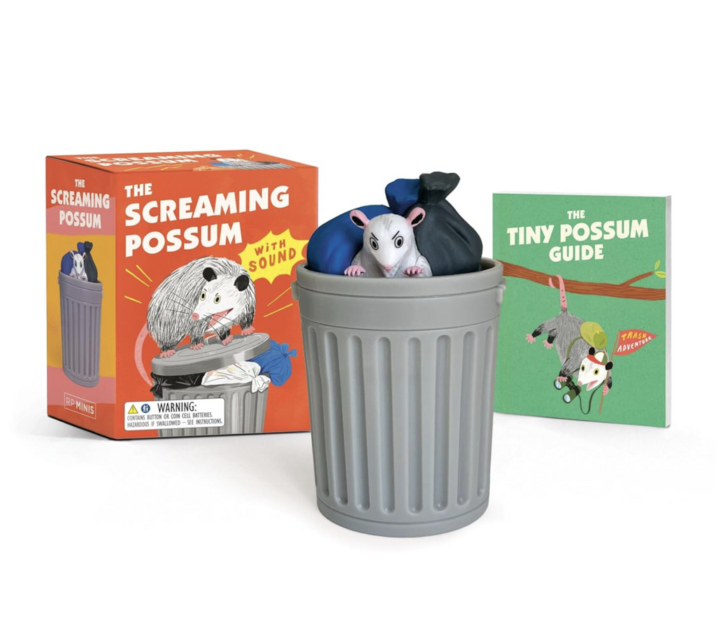 The Screaming Possum in it's trash can with the Tiny Possum Guide and box on either side of the figure. 