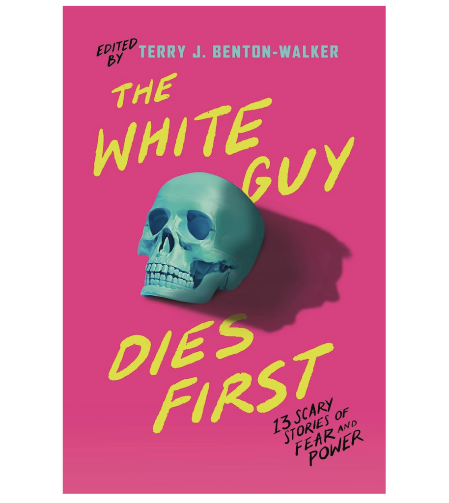 Cover of the book "The White Guy Dies First" with illustration of a skull on a bright pink background. 