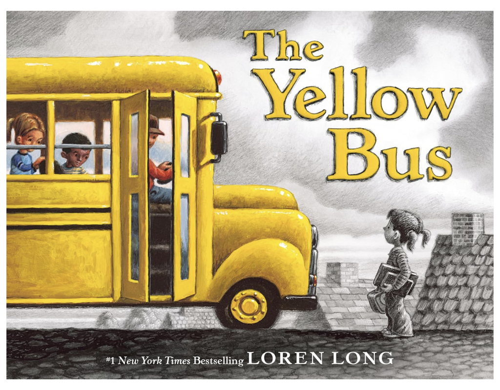 Cover of "The Yellow Bus" with an illustration of a bright yellow bus in an otherwise black and gray scene. 