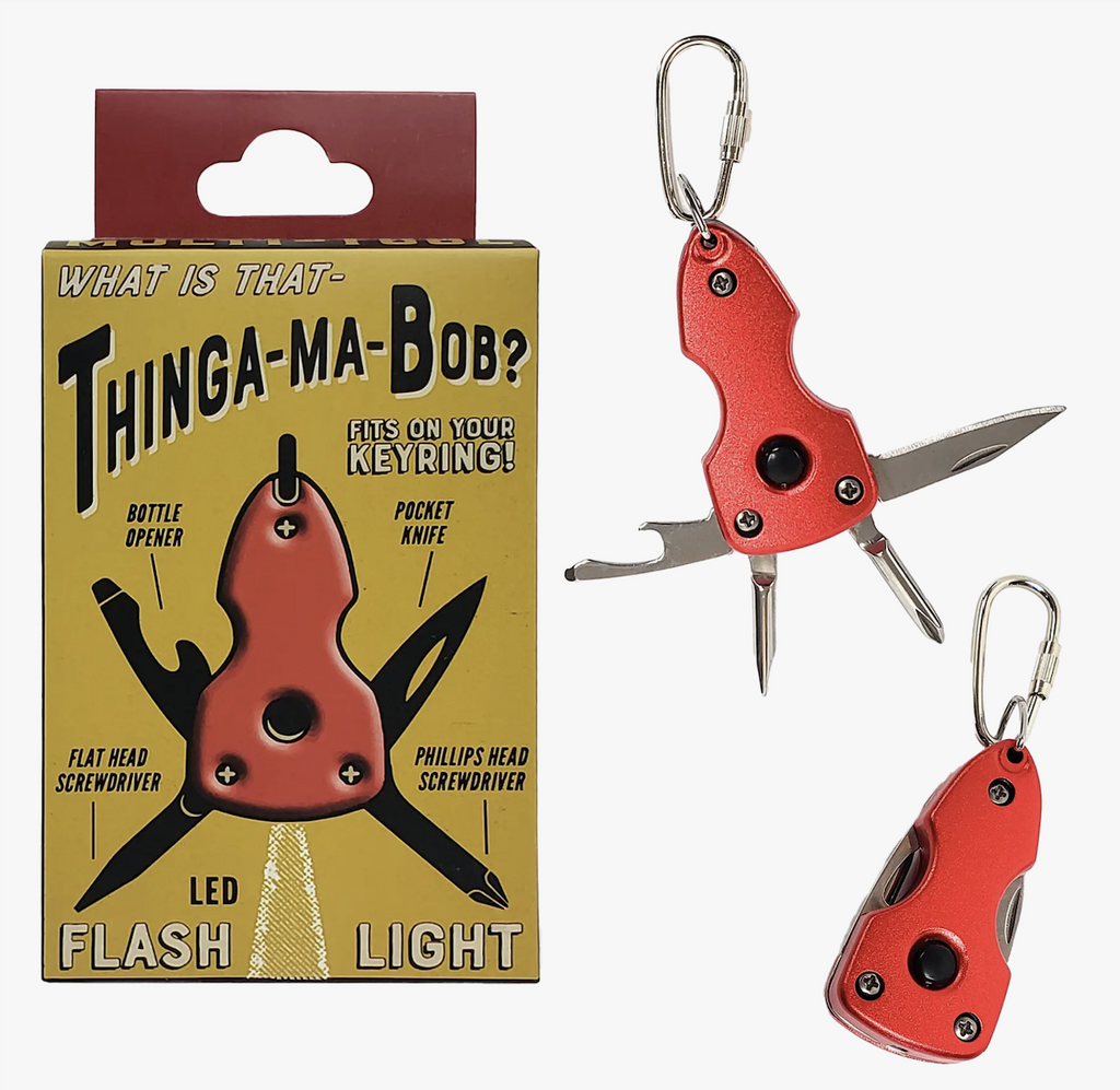 Thinga Ma Bob multi tool keyring shown both with all it's tools extended, and without any extended beside the box that has an illustration of the tool and all it's functions. 