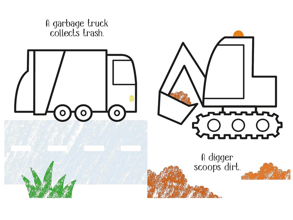 Illustration of a garbage truck and a digger with text describing their actions.