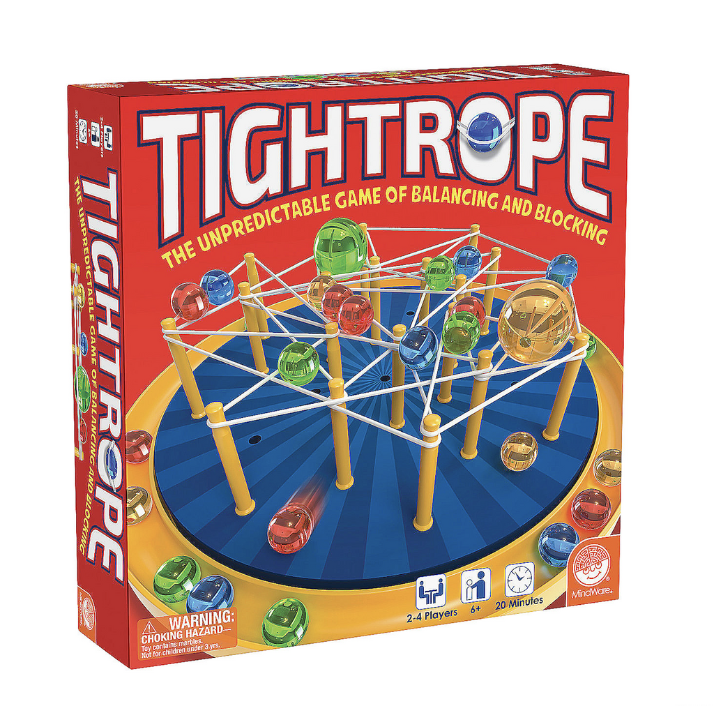 Tightrope game box with a picture of the game board set up and marbles balancing all around. 