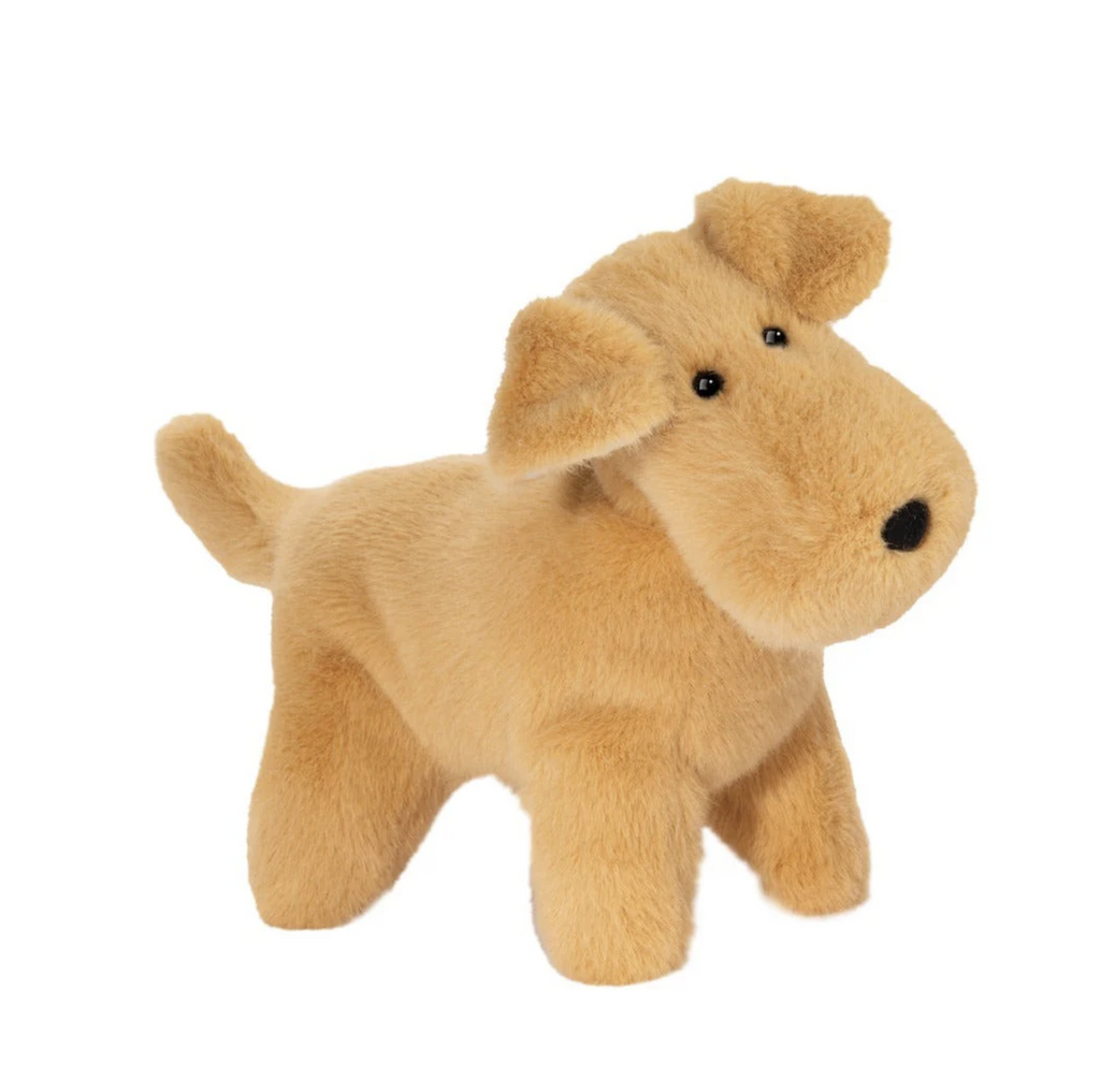 Tim Tan Dog Muzzle stuffed animal viewed from the left side which shows his wide mouth and floppy ears. 