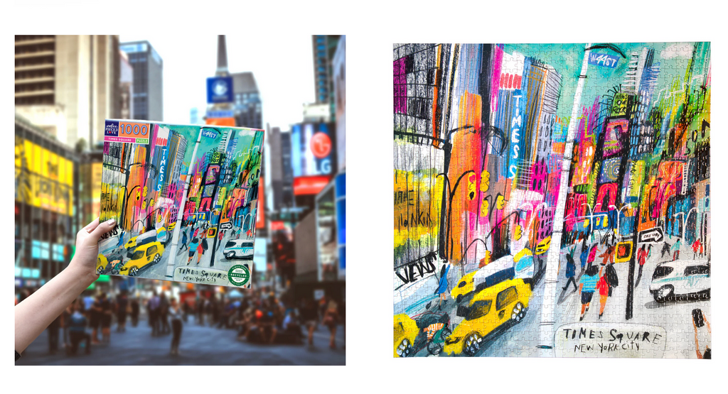 Split image of hand holding puzzle box in Times Square and close up of completed puzzle.