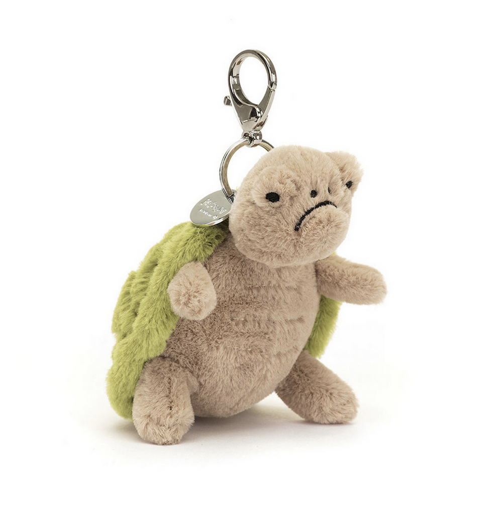 Plush Timmy Turtle Bag Charm from Jellycat with the silver lobster claw clasp and signature Jellycat disc. 