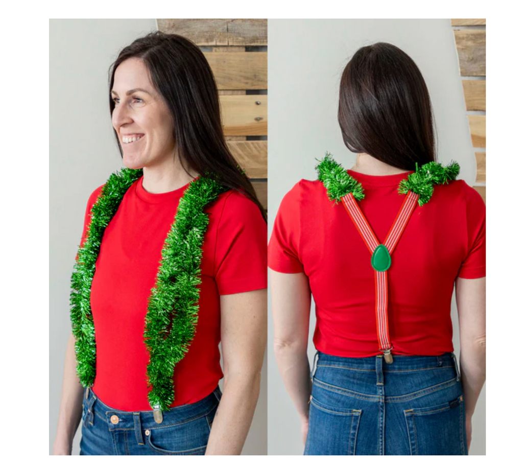 Person wearing a red shirt with green tinsel accessory on front and back