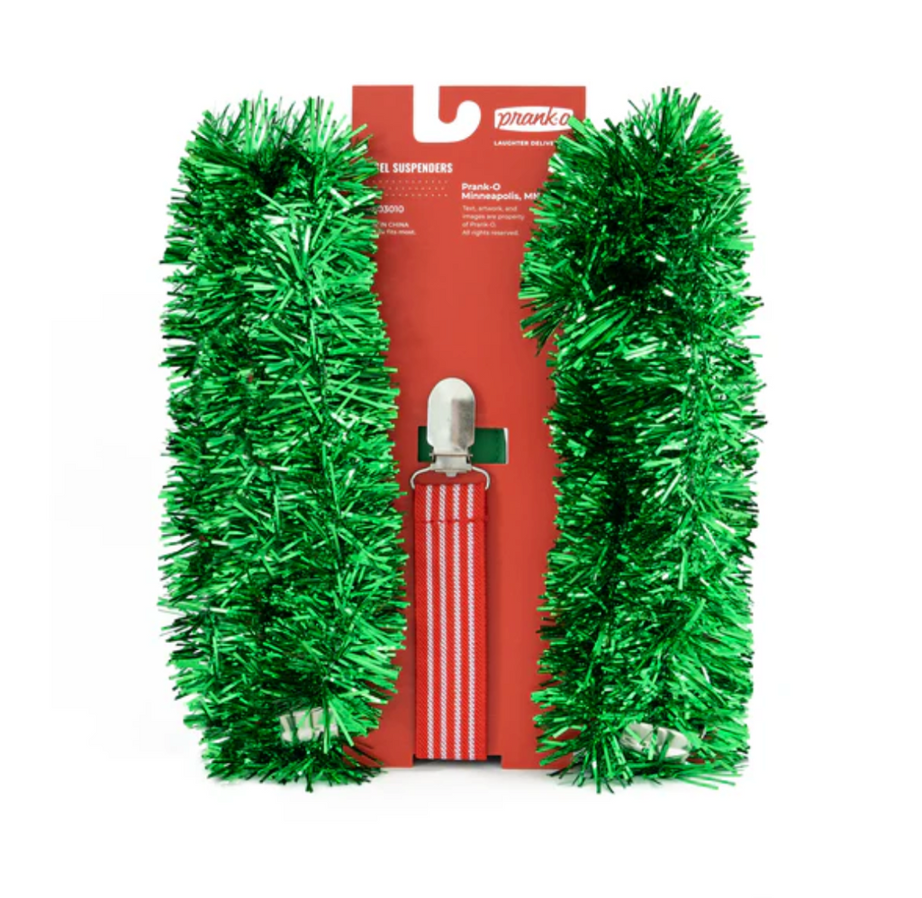 Green tinsel suspenders with a red and white striped strap in the center on a white background.