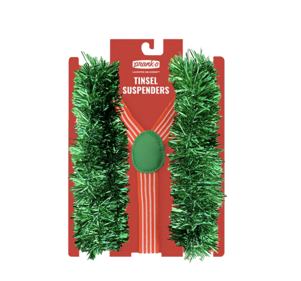 Green tinsel suspenders on a red backing card