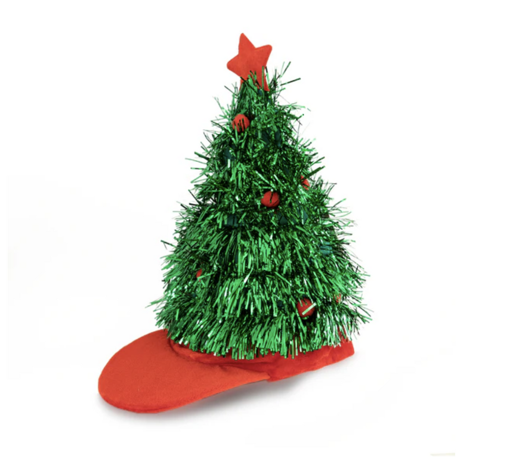 Green tinsel christmas tree hat on a white background
