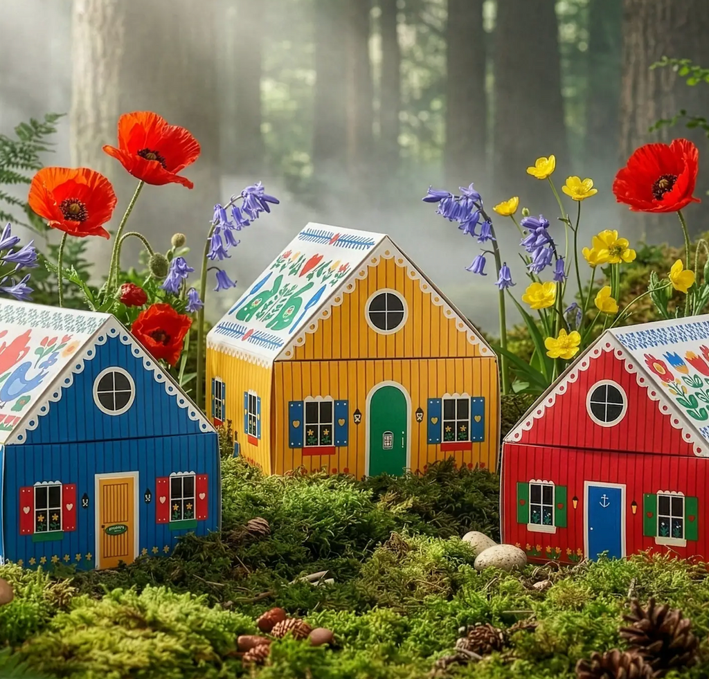 All three of the Tiny Living Matchbox Cottages set in an enchanting forest scene. 