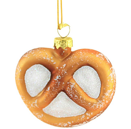 Tiny brown salted pretzel glass ornament.