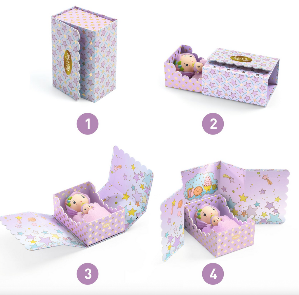 A picture breaking down the transformation of the Violet Tinyroom from storage box to doll room for the Tinyly figures. 