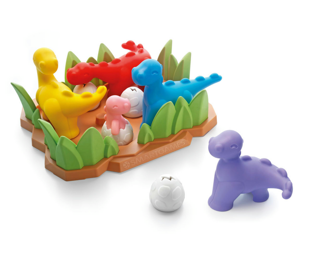 Colorful dinos set up in the puzzle grid of the puzzle game Tip Toe Dinos. 