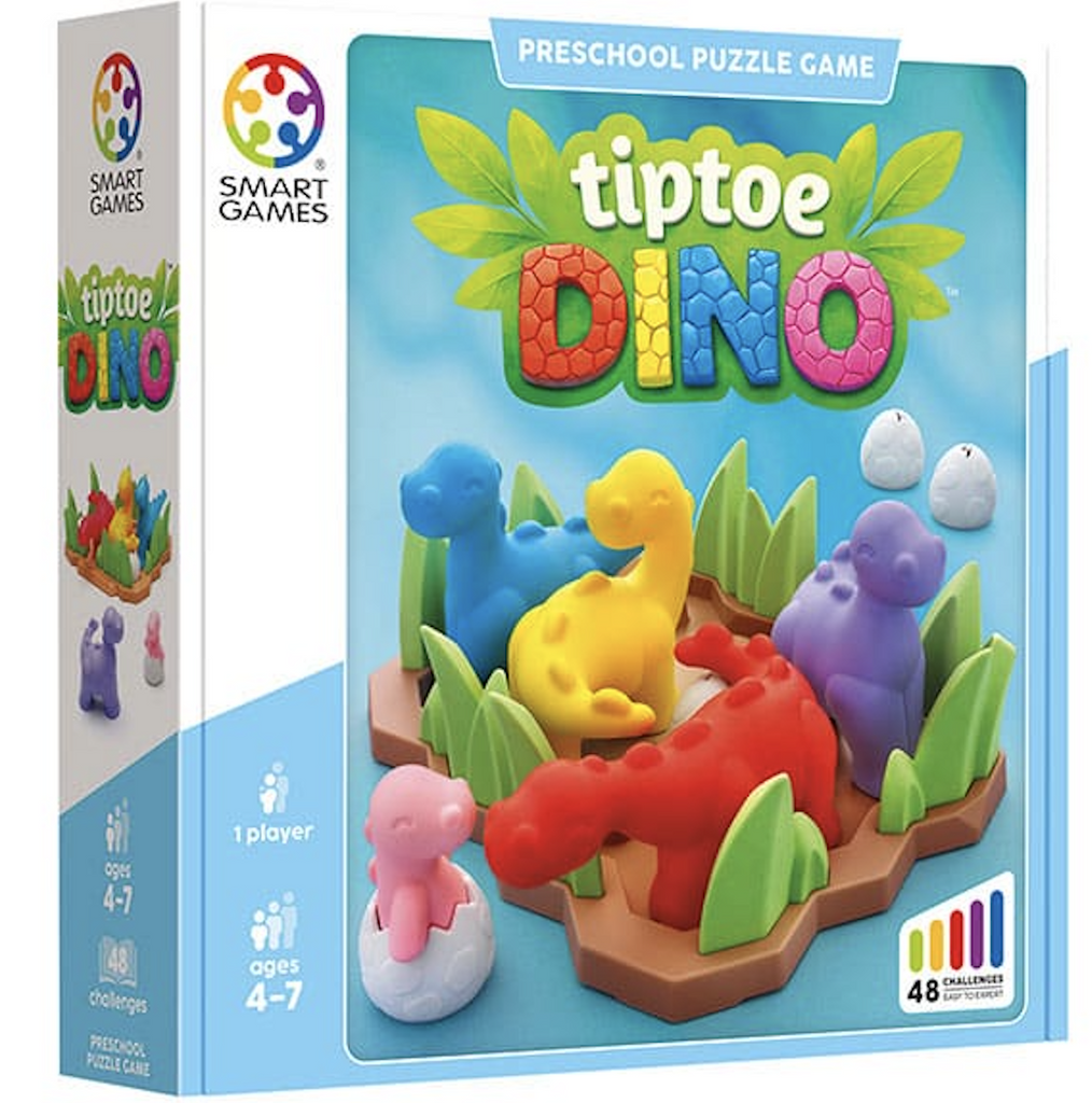 Front cover of Tip Toe Dino the preschool puzzle game featuring a picture of the colorful dinos set up in the puzzle grid. 
