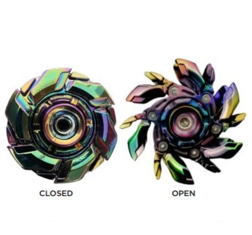 Picture of the iridescent Titan Heavy Metal Spinner in a close position and it's flaps extended while it is spinning. 