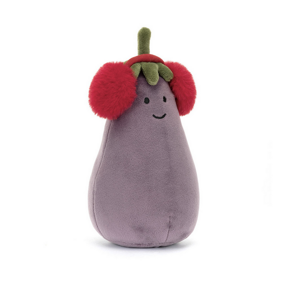 Jellycat's plush Eggplant ready for winter with a pair of red earmuffs. 