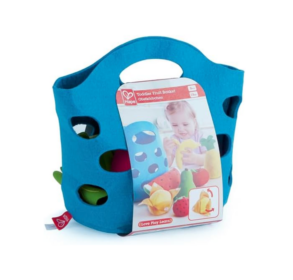 Blue felt basket with all of the toy fruits inside. 