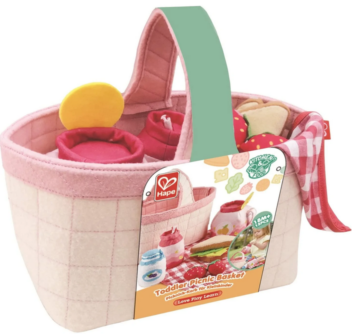 Plush picnic basket filled with all the items necessary for a pretend picnic. 