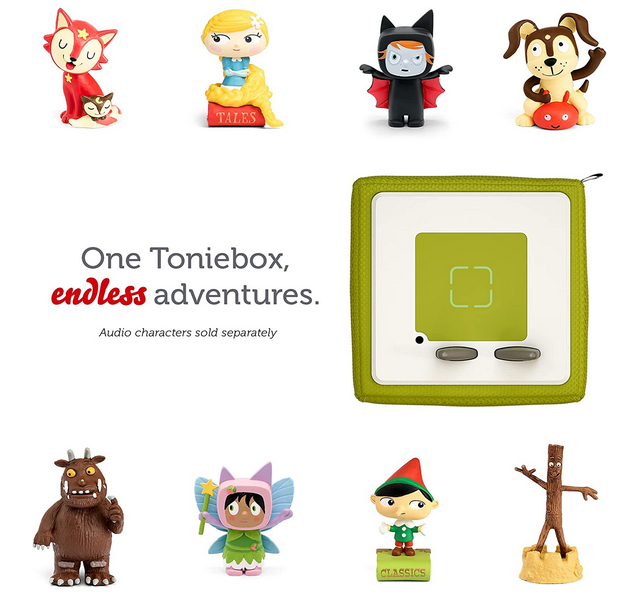 Top view of green Toniebox with an assortment of available Tonie audio characters. 