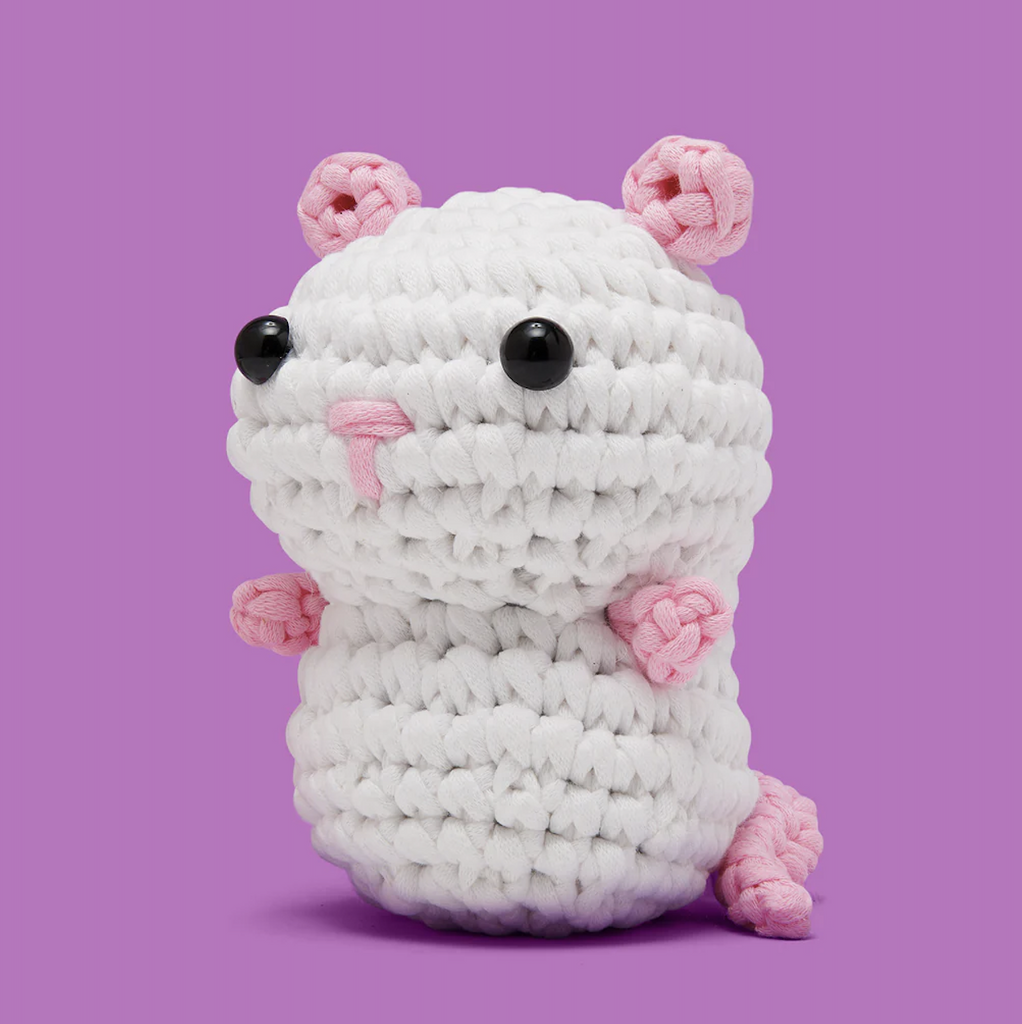 Tony the Rat stuffed animal made using the crochet kit from Woobles. 
