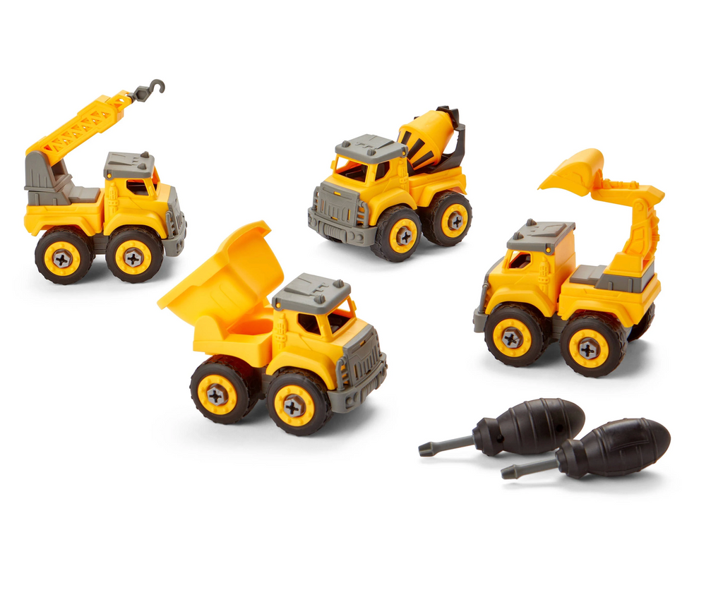 Yellow construction vehicles with chunky screwdrivers that kids use to rake apart and reassemble the trucks. 