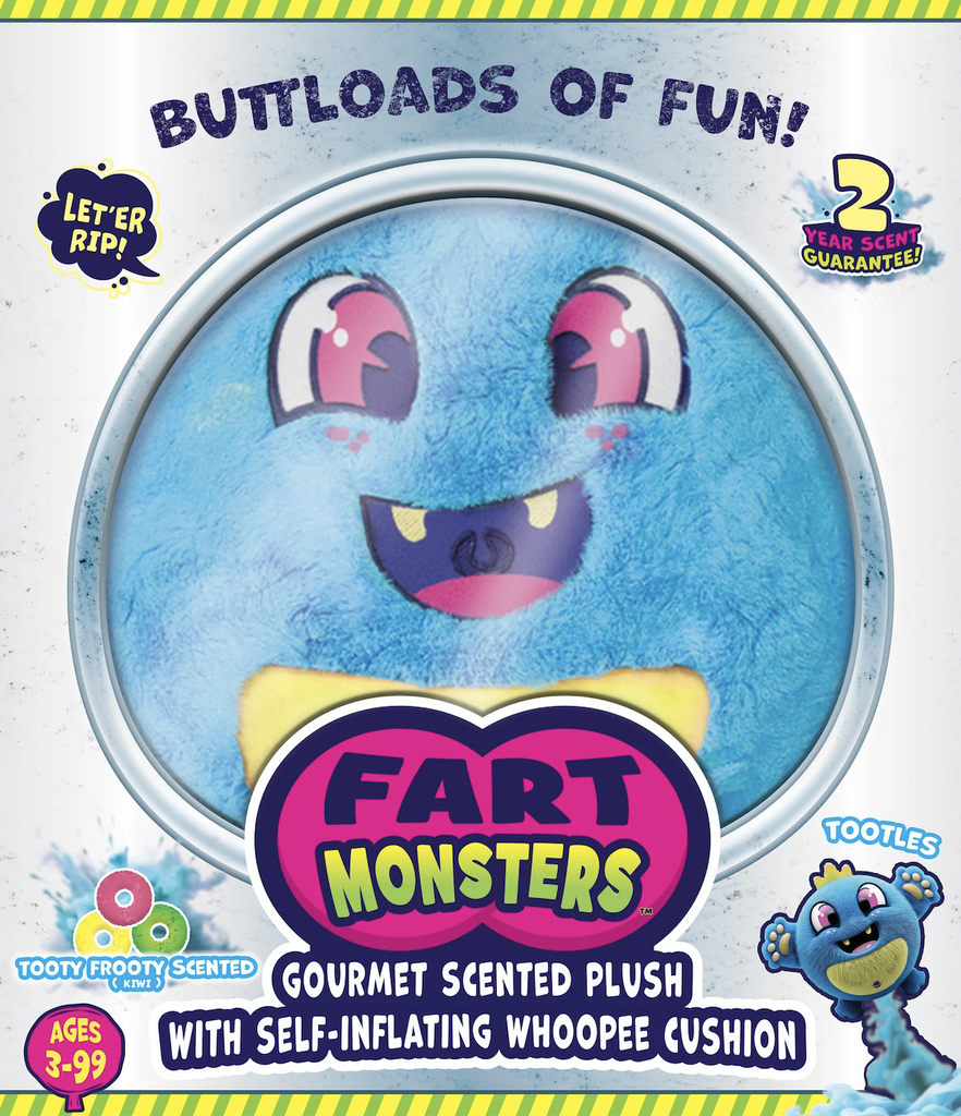 Tootles the Fart Monster packaged in a box with a clear window that shows it's silly grin. 