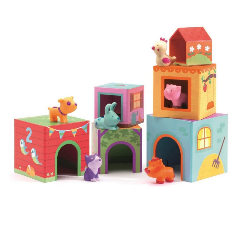 Colorful toy blocks illustrated with things you may find on the farm and animal figures. 