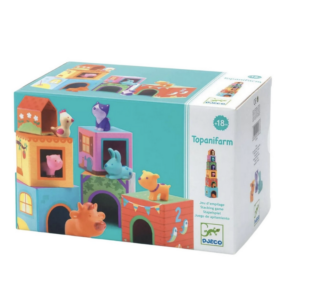 The box for the Topanifarm blocks with pictures of the colorful blocks and little animal characters that come with them. 