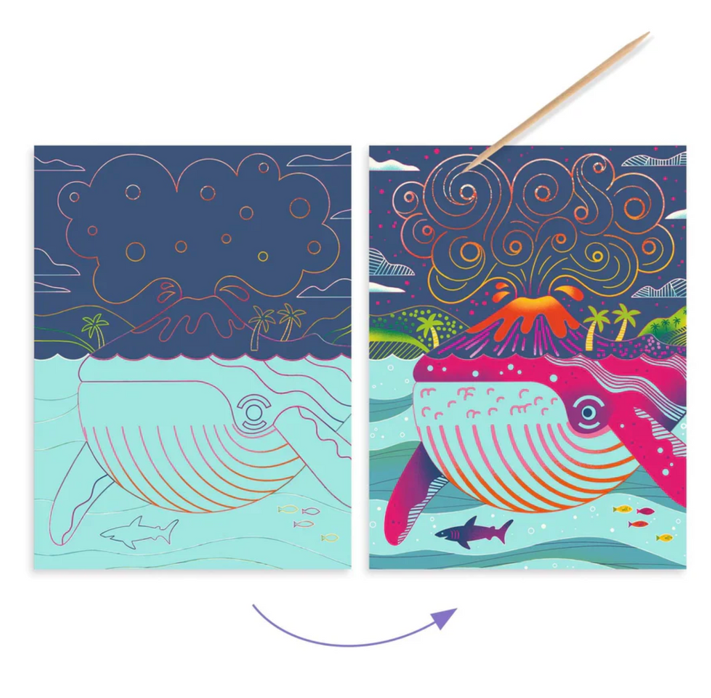 A before and after scratch art card with bright colors revealed using the wooden stylus. 