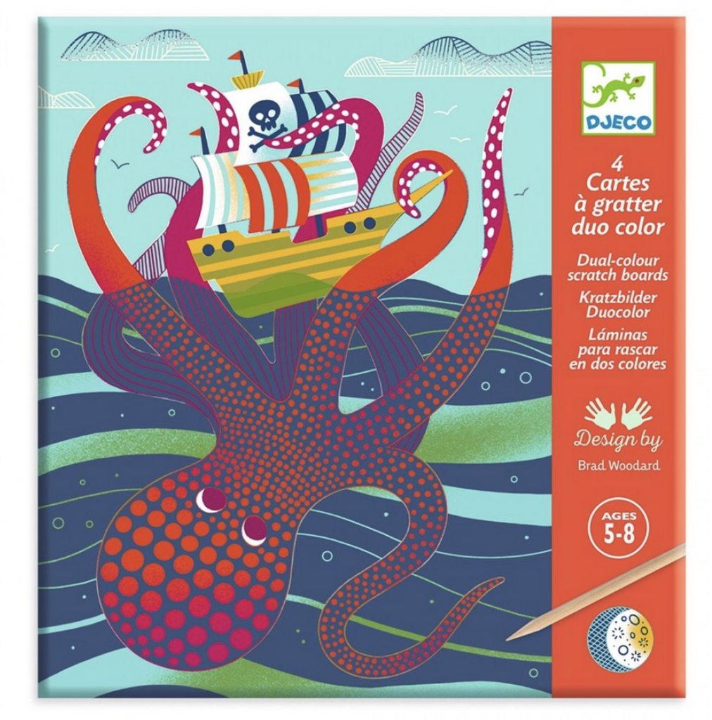 Cover art of an octopus under the sea grabbing at a pirate ship floating on the ocean, on the Topsy Turvy Scratch Art Set.