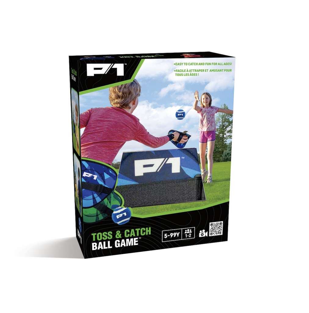 Classic Toss and Catch games boxed in a black box featuring kids tossing the ball back and forth wearing the mitt. There is a hole in the front of the box that allows you to feel the mitt material. 