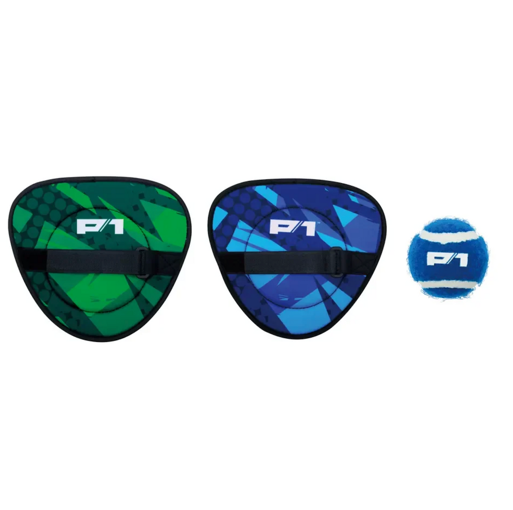 One green and one blue mitt with the P1 logo and adjustable strap on the back along with a blue and white ball used in the Toss and Catch game. 