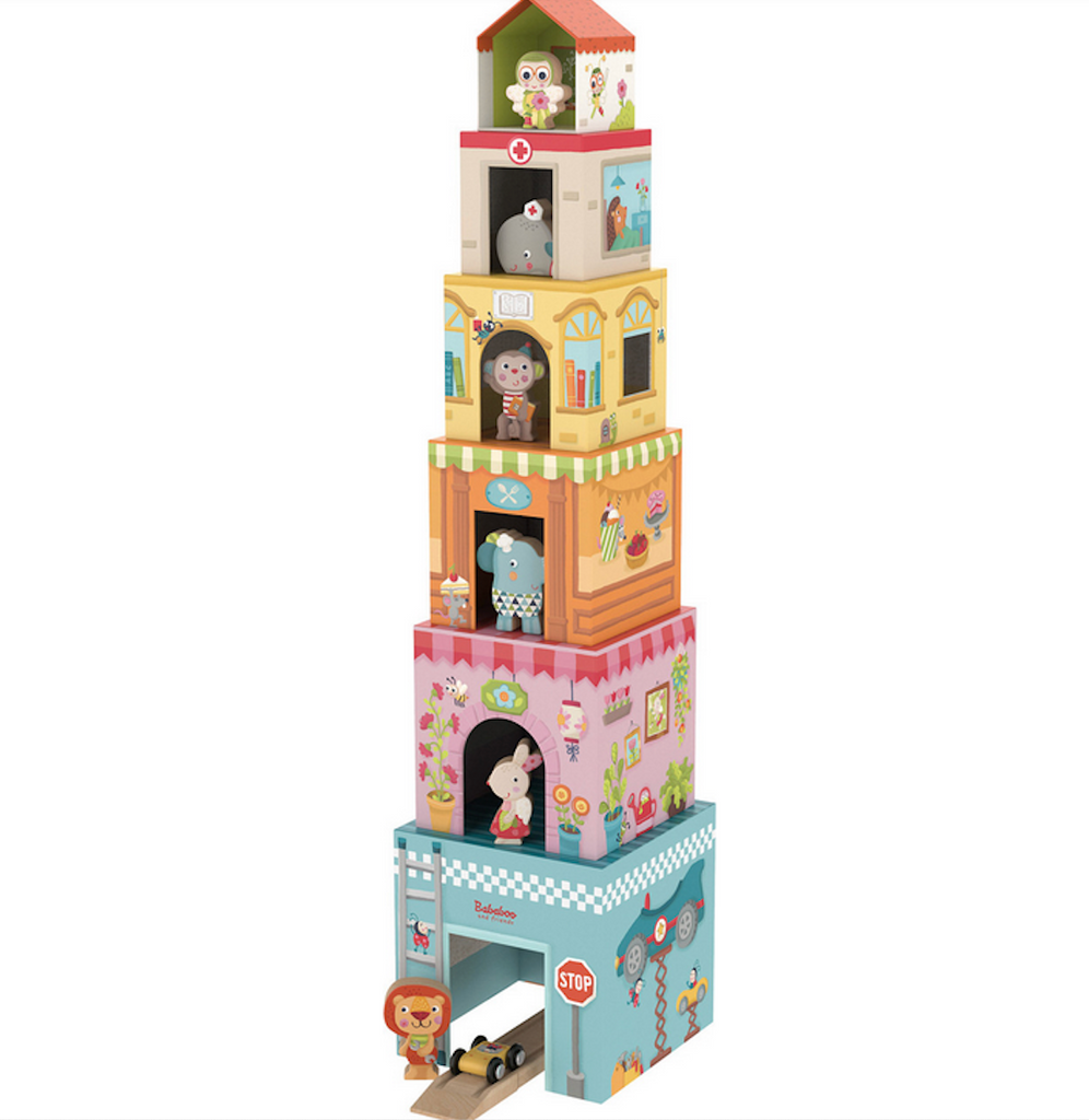 The various sized cubes form the Tower House Stacking Game stacked from biggest to smallest. 