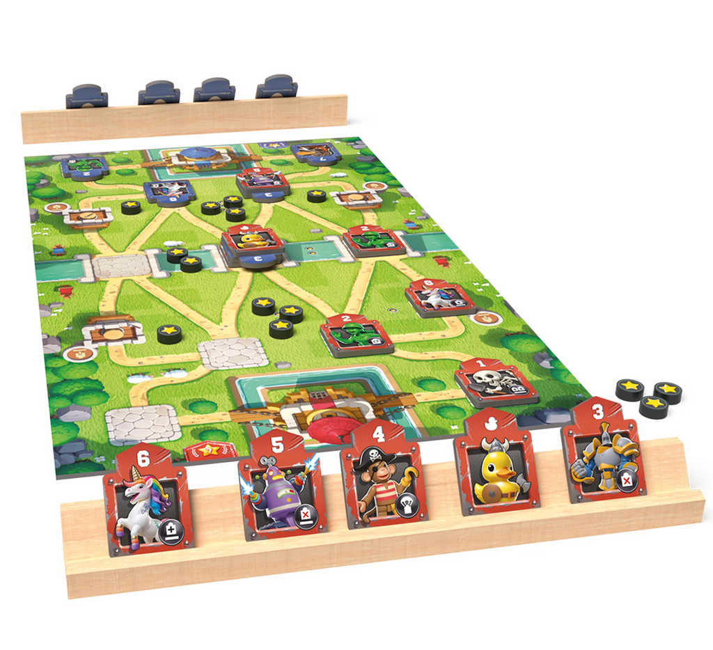 A large illustrated game board with green terrain, roads, buildings, and small token pieces. Wooden game stands hold four toy character cards at the front ready to move forward in the battle of the toys. 