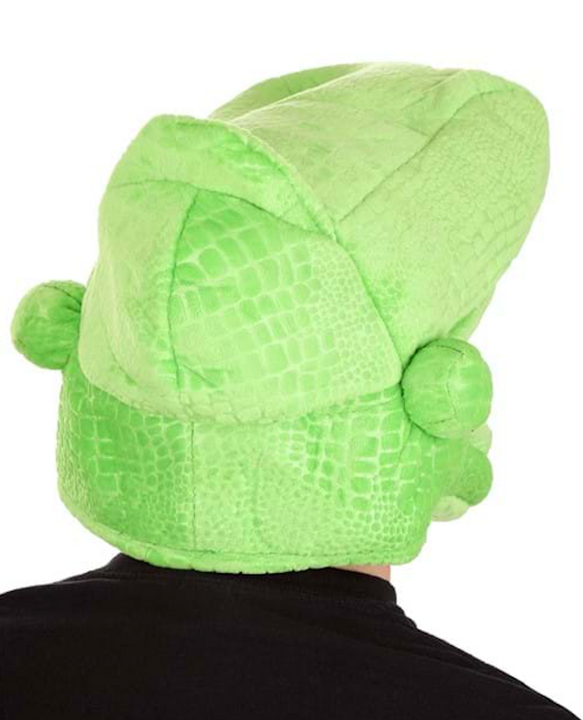 A view of the back of the Toy Story Rex Jawsome Hat showing the scale like texture of the plush hat and Rex's little ears. 