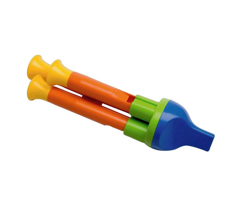 The Halilit Train Whistle with blue mouthpiece, green and orange tube with yellow ends.