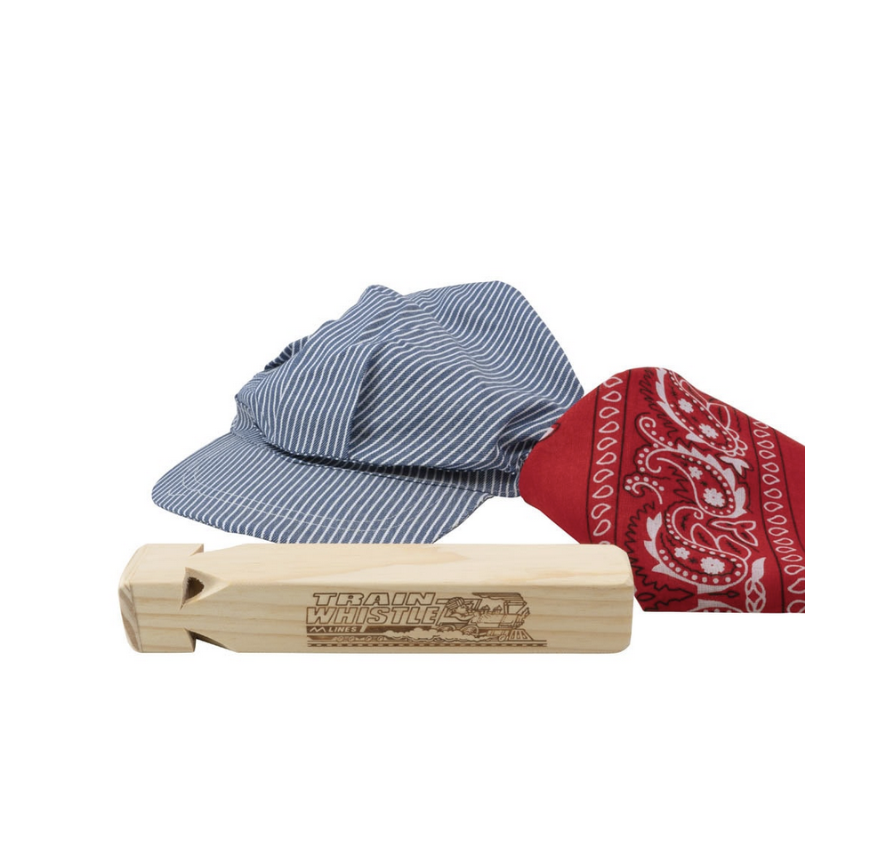 Blue and white striped cap, wooden train whistle, and a red bandana on a white background.