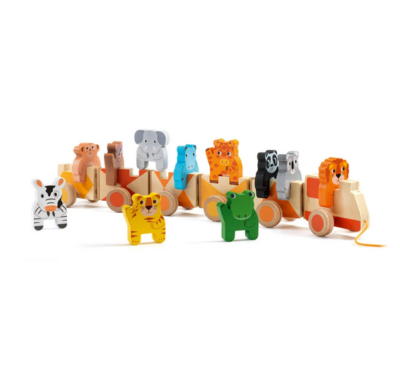 Colorful wooden animals and train carriages with a string to pull. 