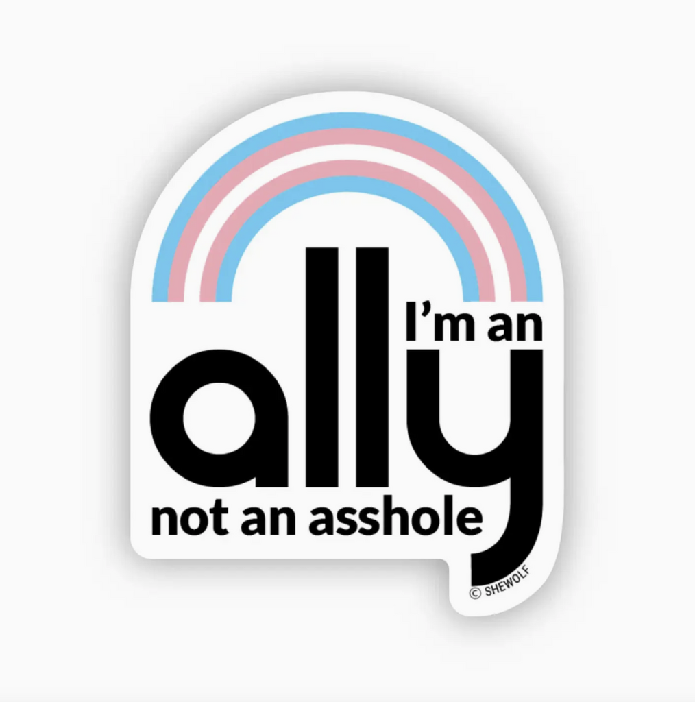  "I'm an Ally Not an Asshole" with transgender flag colors (blue, pink and white) on matte vinyl sticker.