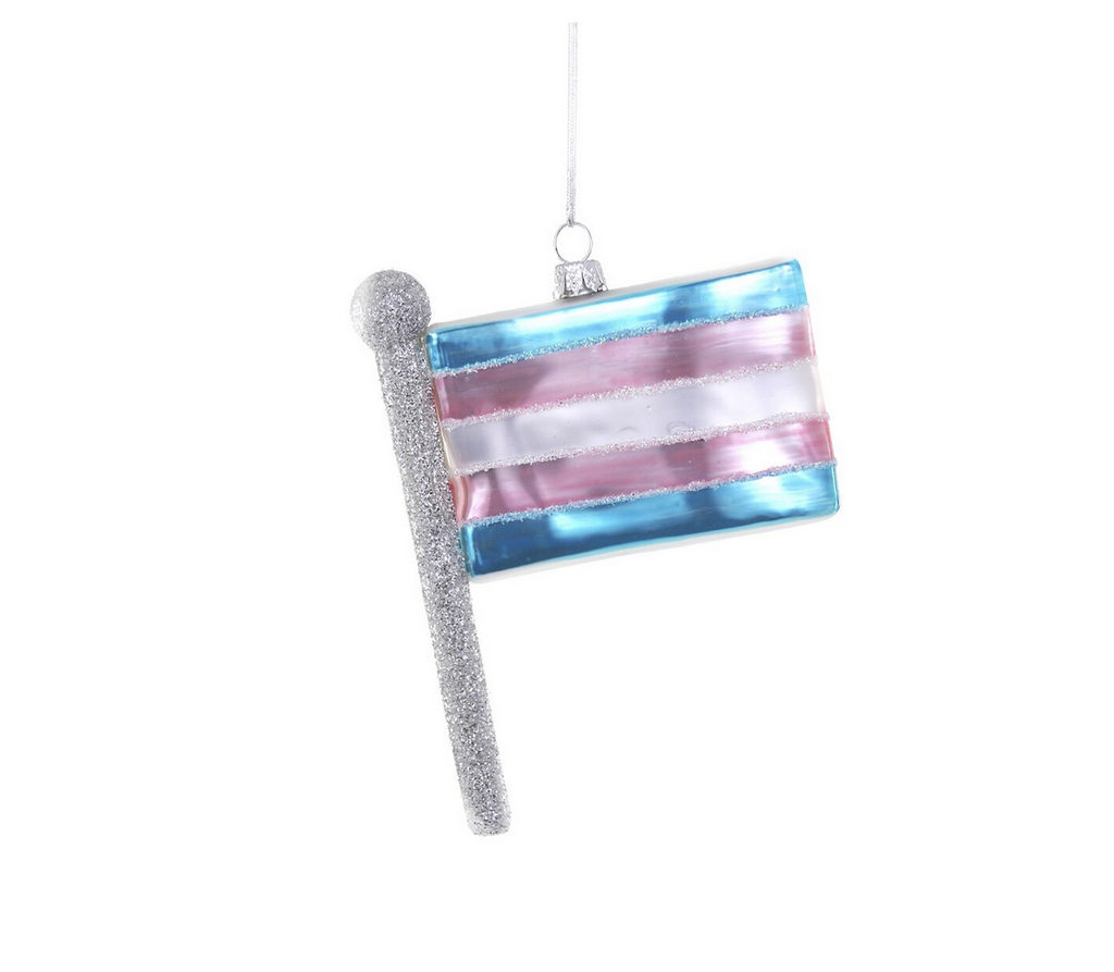 Trans Pride Flag glass ornament.