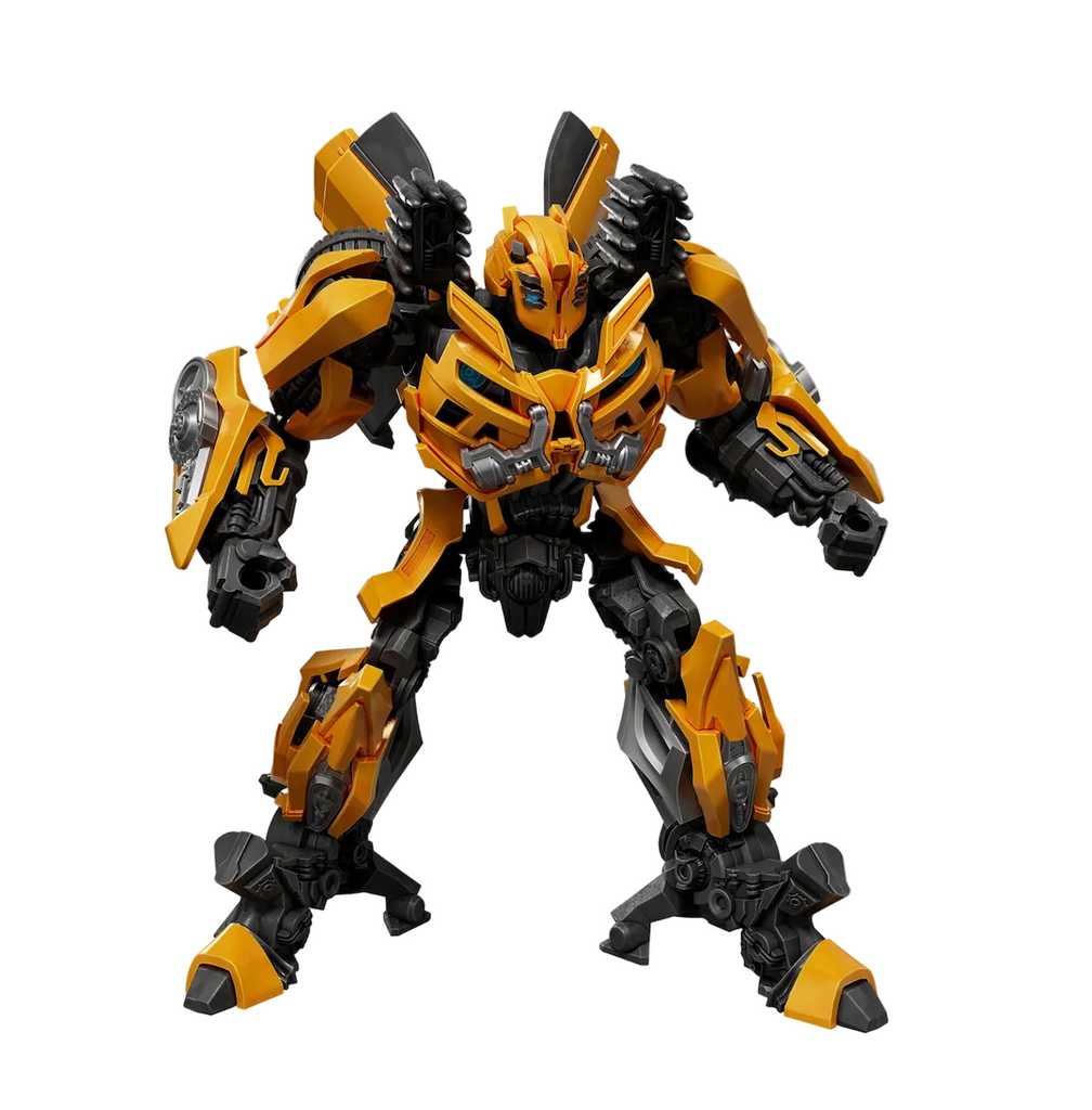 Bumblebee model built ad standing in a classic autobot pose. 