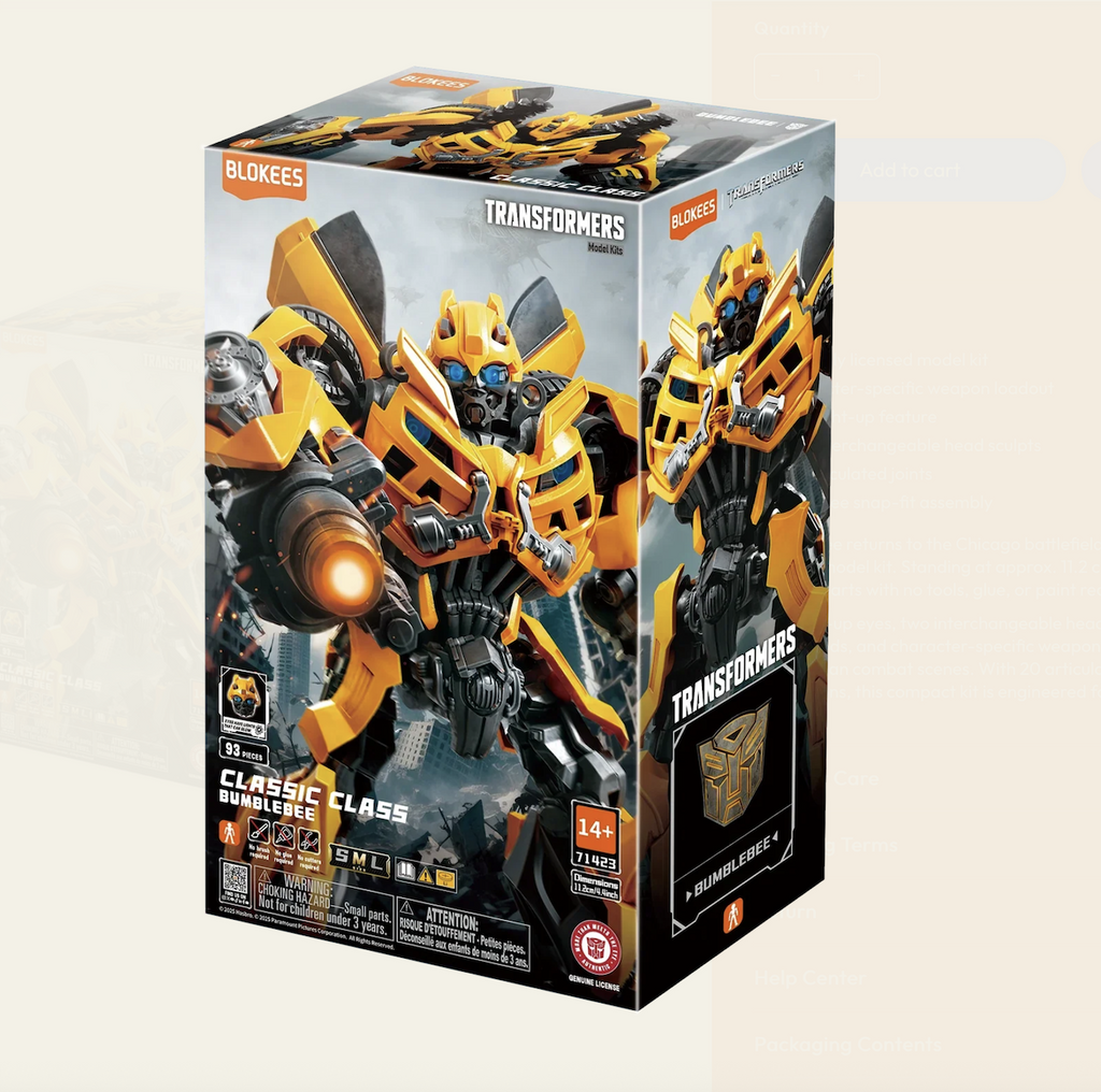 The Transformers Classic Class Bumblebee model kit featuring pictures of the model built and in different poses. 
