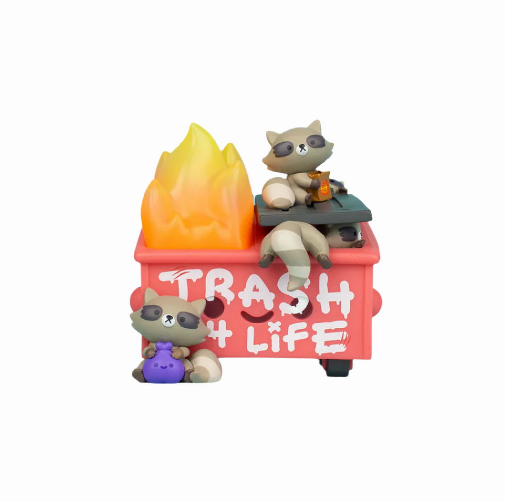 Front of Dumpster Fire Trash Panda version by 100% Soft.
